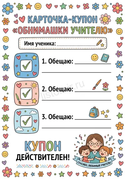 Карточка-купон «Обнимашки учителю»