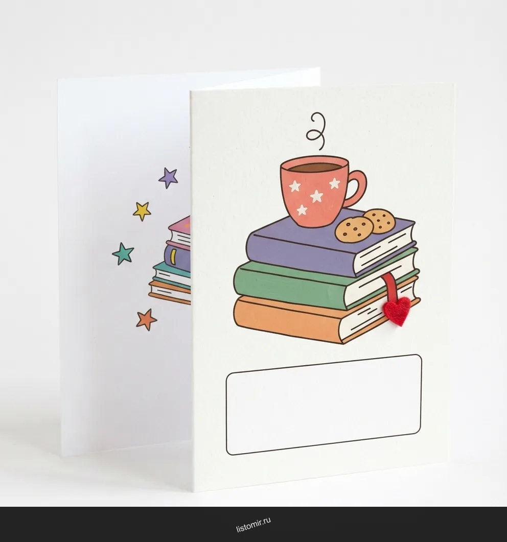 Готовая открытка: чашка чая, печенье и книга