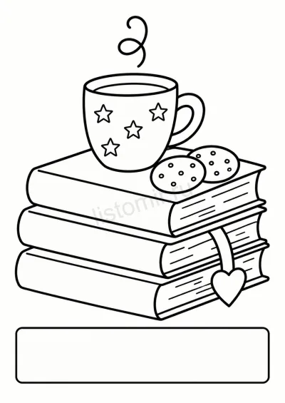 Панели открытки: чашка, печенье и книга с закладкой-сердцем