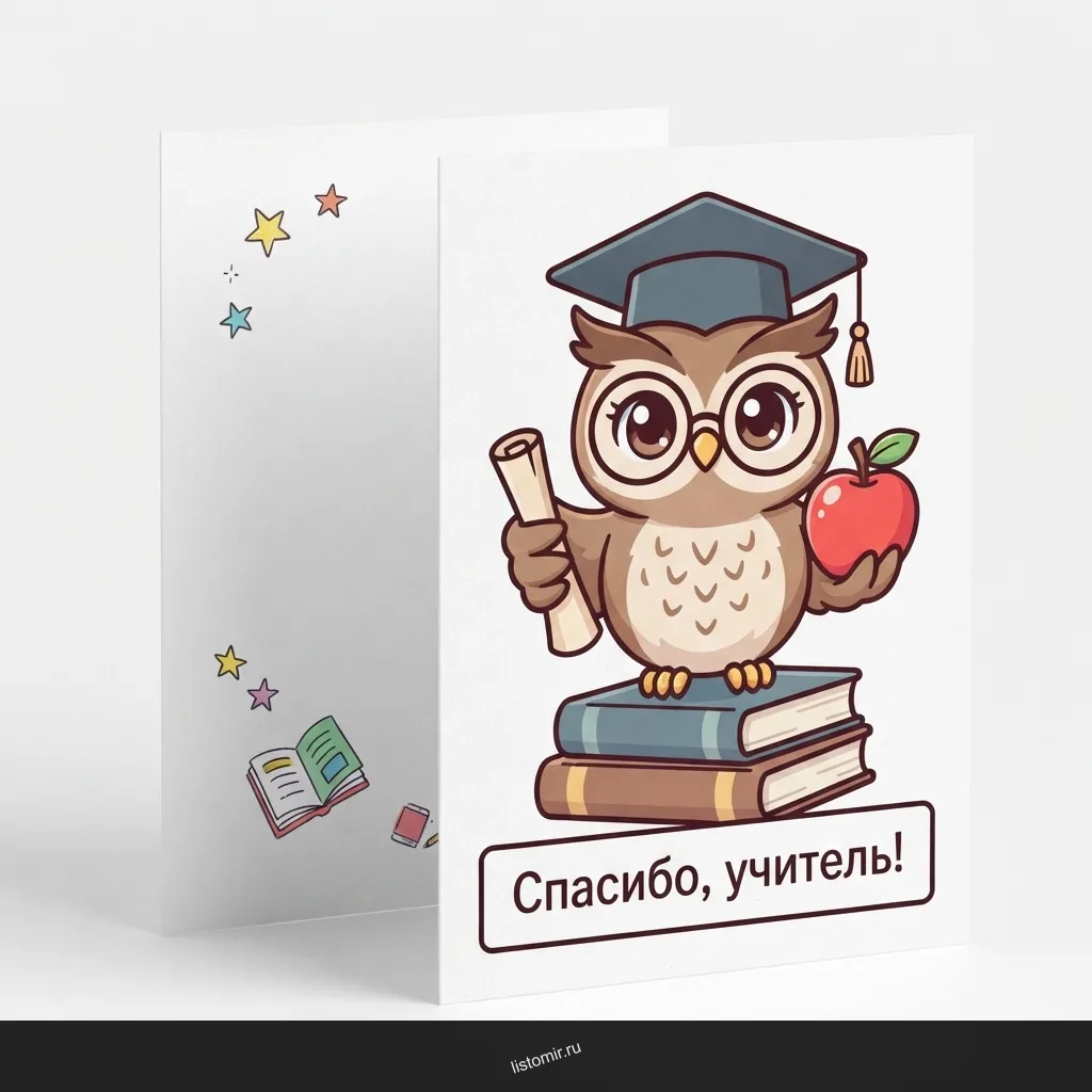 Готовая открытка: сова с книгой и место под «Спасибо, учитель!»