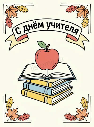 Плакат: лента сверху, яблоко на книге, осенние листья по углам